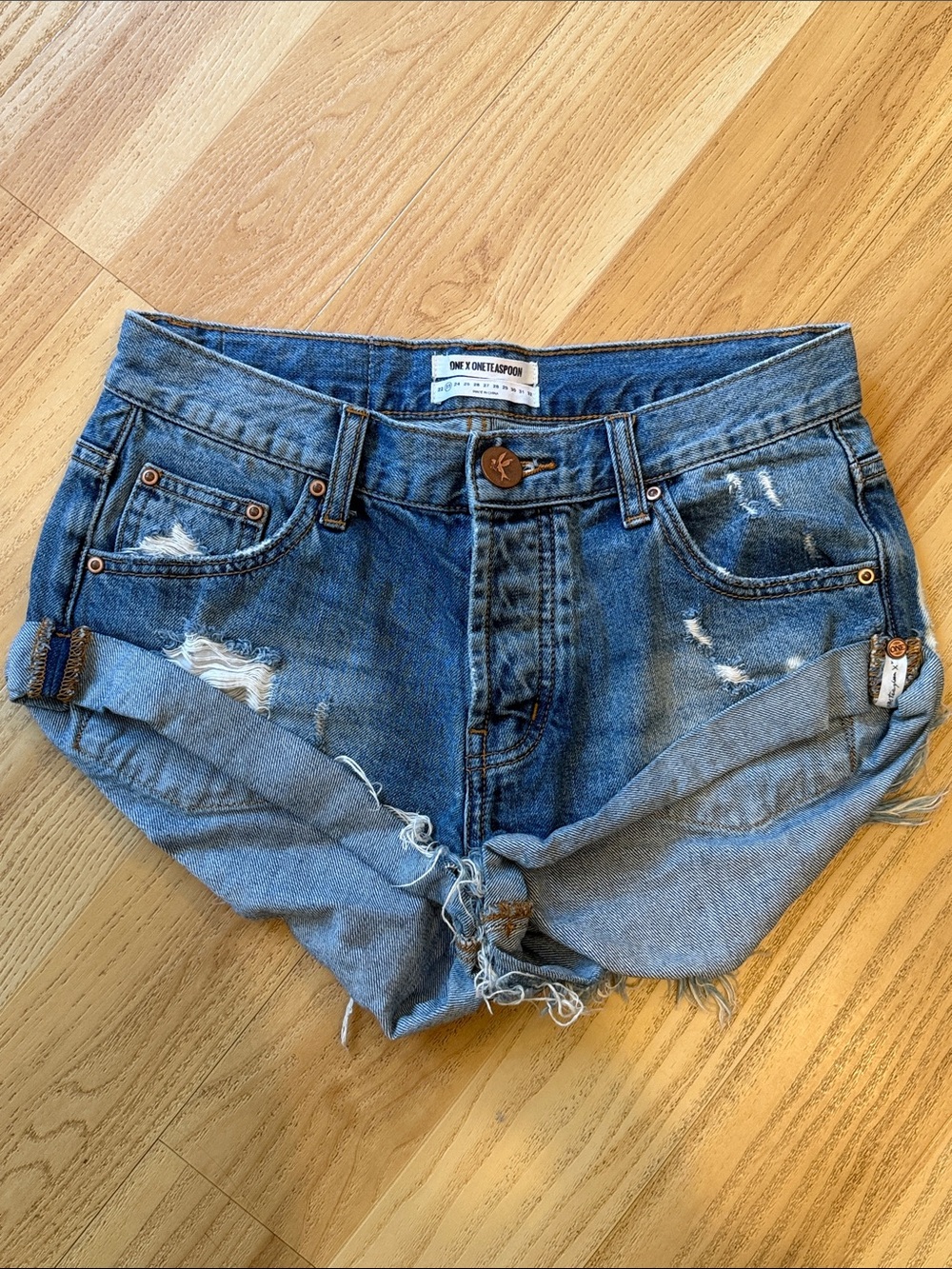One Teaspoon Distressed Rolled Hem Denim Shorts - Blue